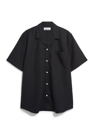 Zwart kortom sleeved shirt van een geweven stof, met een kraag, knoopsluiting, een enkele borstzak en witte knopen.