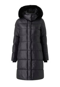 Sort puffer-jakke med h�ætte og faux fur-b trimming. Den har et quiltet design, lange ærmer og en mellemlang længde. Glat, skinnende tekstur.