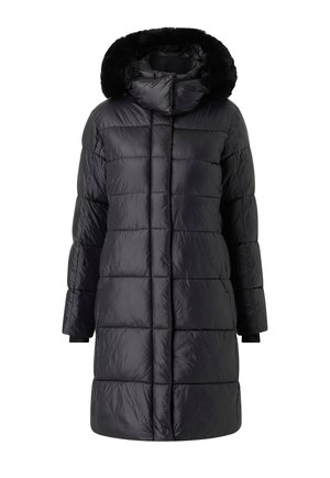 Zwarte pufferjas met een capuchon en een nep bontafwerking. Het heeft een gestikt ontwerp, lange mouwen en een middellange snit. Gladde, glanzende textuur.