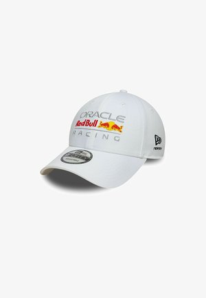 White adjustable baseball cap with Oracle Red Bull Racing logo and New Era logo on the side and front.