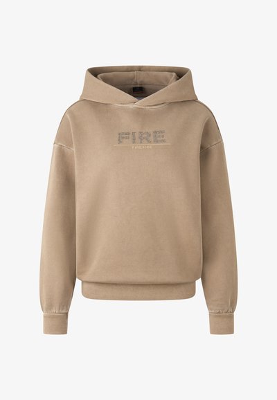 Sweatshirt à capuche beige en tissu doux, avec des poignets côtelés et un graphisme frontal portant l'inscription "FIRE" avec des détails en strass.
