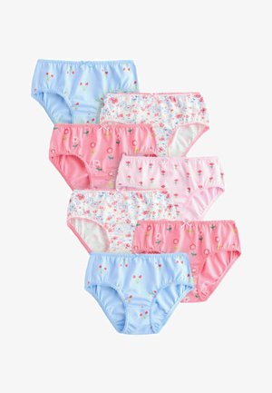 Sept paires de sous-vêtements pour enfants en bleu, rose et blanc avec divers motifs floraux et de cerises, disposées en deux colonnes superposées.