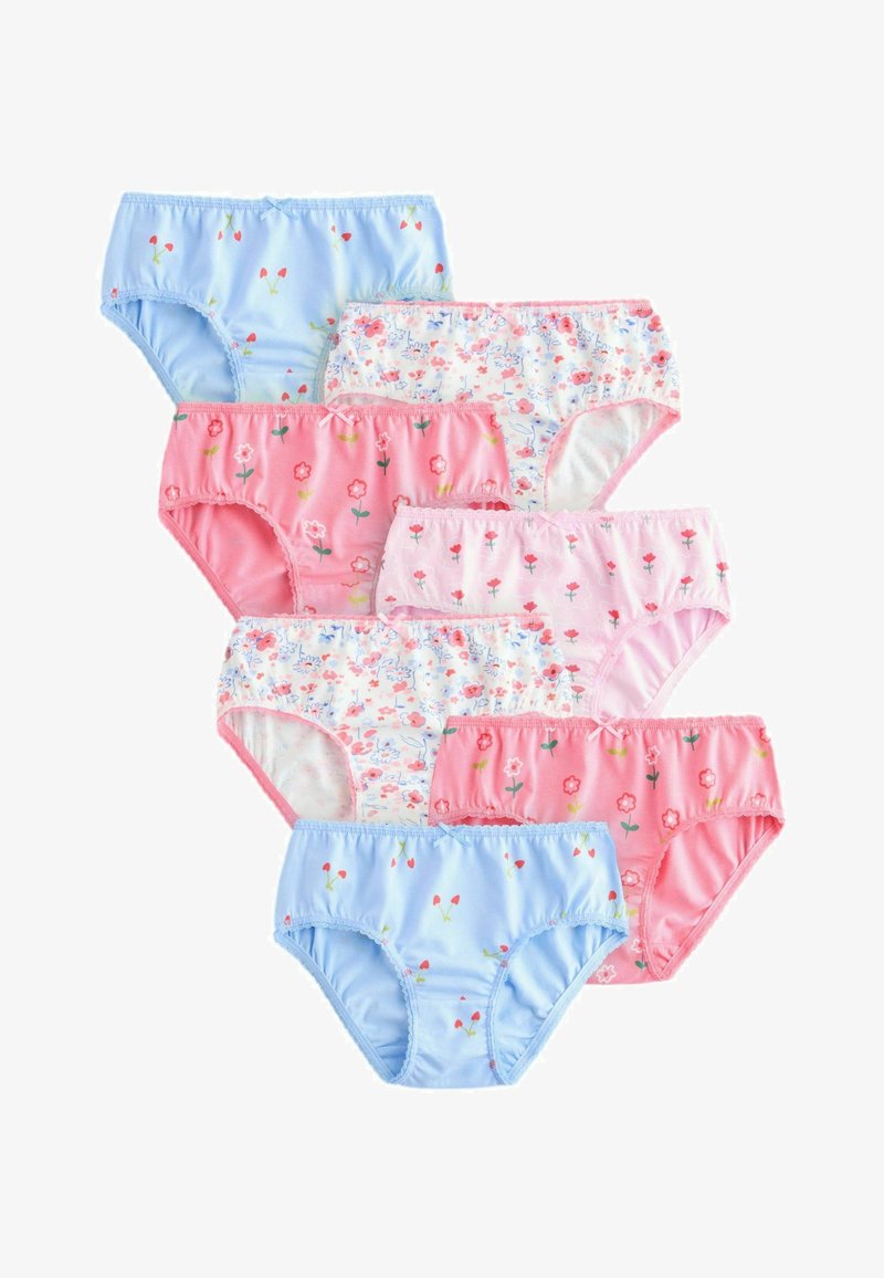 Sept paires de sous-vêtements pour enfants en bleu, rose et blanc avec divers motifs floraux et de cerises, disposées en deux colonnes superposées.