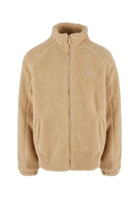 Jachetă din fleece bej, cu guler înalt și fermoar frontal, cu mâneci raglan și un mic logo brodat pe partea stângă.