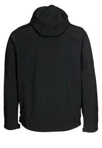 Veste noire à capuche avec une texture lisse, présentant des coutures latérales et une coupe ajustée. Le dos comporte une couture centrale et un style minimaliste.