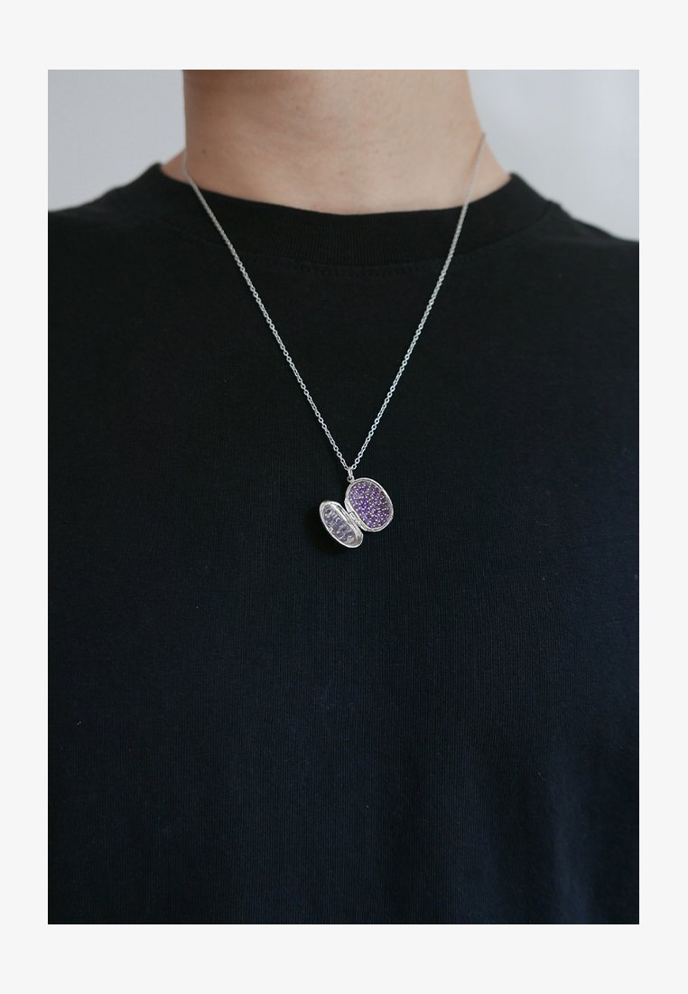 Colier din argint cu pandantiv format din două forme ovale conectate; una are pietre mov, iar cealaltă prezintă un design clar și strălucitor. Lănțișorul este subțire.