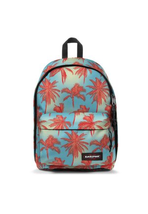 Backpack with a blue and green palm tree print, featuring red palm leaves, a front pocket, black zipper, and a reinforced top handle.