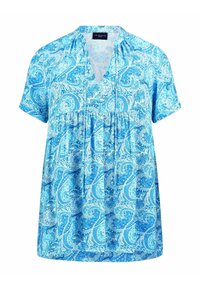 Blusa blu a paisley con scollo a V, maniche corte, vita arricciata e tessuto leggero caratterizzato da intricati motivi a spirale in diverse tonalità di blu.