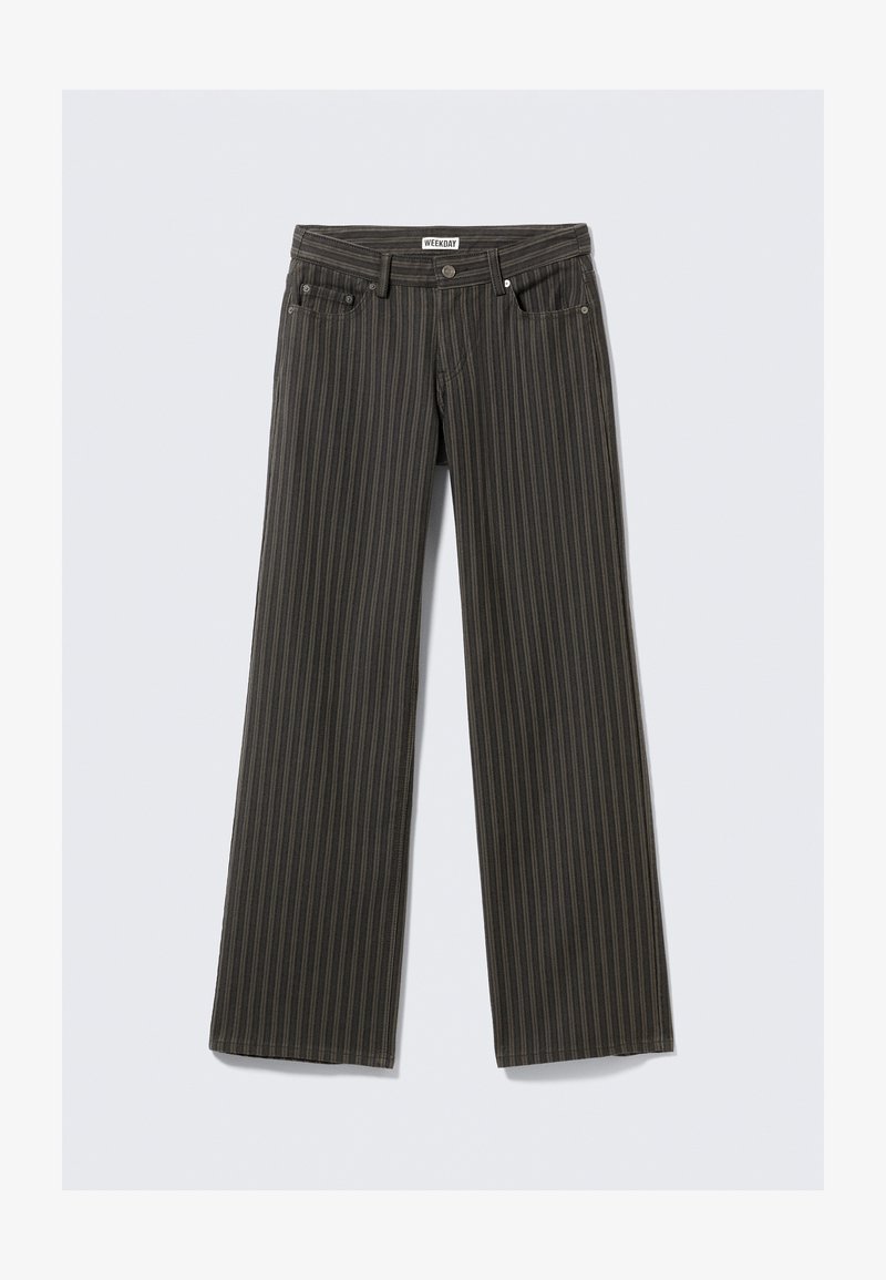 Pantalons larges en tissu gris foncé avec des rayures verticales. Comprend des poches avant et une fermeture à bouton à la taille.