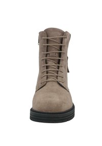 Taupe suede lace-up ankle boot with black rubber sole, front view.