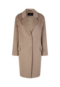 Béžový kabát z vlněné směsi s vypasovaným střihem, klopami s výřezem, dvěma knoflíky a bočními kapsami. Hladká textura s minimalistickým designem.