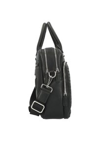 Zwarte leren tas met een gladde textuur, voorzien van dubbele ritscompartimenten, een geweven schouderband en gestikte details aan de zijkant.