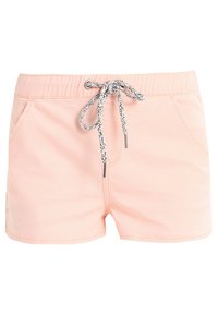 Světlé růžové plavky s elastickým pasem, ozdobnou černo-bílou šňůrkou a dvěma předními kapsami. Hladká textura látky.