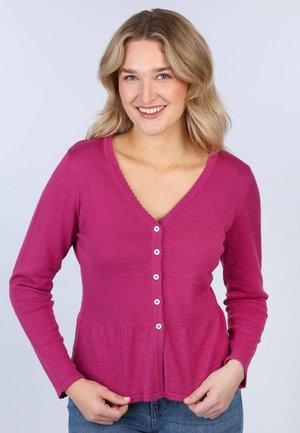 Fuchsia long-sleeve cardigan with V-neck, button front, and scalloped edge. Features a peplum waist and textured fabric.