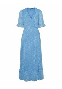 Ljusblå omlottkjol med vitt blommönster, V-ringning, puffärmar, volangkant och knytning i midjan.