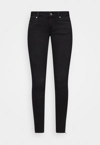 Jeans skinny negros de mezclilla con una textura suave, con una cintura de altura media, cierre tradicional de botón y acentos de herrajes metálicos.