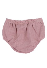 Culotte de couche douce et légère en rose pâle avec une taille froncée. Fabriquée en tissu texturé, elle présente une coupe ample et des ouvertures élastiques aux jambes.