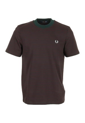 Maglietta da uomo a maniche corte con scollo a girocollo, a righe orizzontali verde scuro e bordeaux, con un piccolo logo bianco di lauro sul petto.