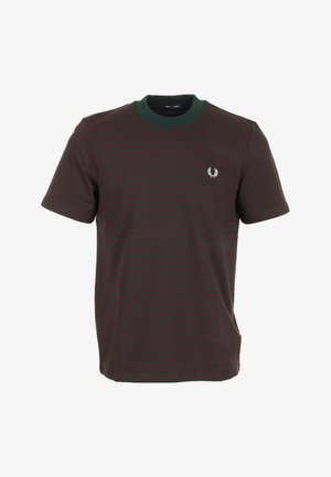 Maglietta da uomo a maniche corte con scollo a girocollo, a righe orizzontali verde scuro e bordeaux, con un piccolo logo bianco di lauro sul petto.