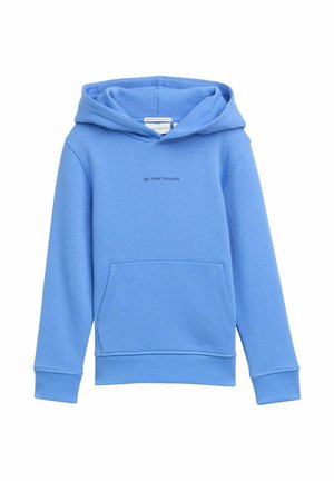 Niebieska bluza z kapturem wykonana z miękkiej bawełny. Posiada kieszeń kangurzą, ścianki ribbed oraz małe logo nadrukowane na piersi.