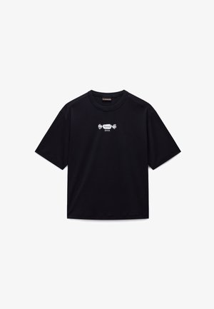 Sort T-shirt med korte ærmer lavet af blødt stof, med en central grafik af en slik og teksten "Negroni." Enkel rund halsudskæring.