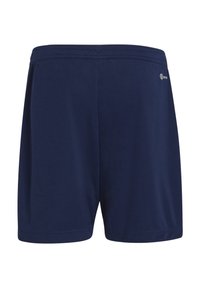 Pantalones cortos deportivos para hombre en color azul marino, con cintura elástica y pequeño logotipo blanco de la marca en la cadera derecha.