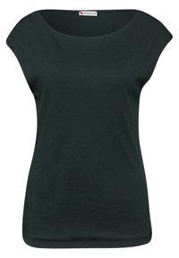 Top noir pour femme à manches courtes, col rond large, taille cintrée et étiquette de la marque Street One à l'intérieur du col.