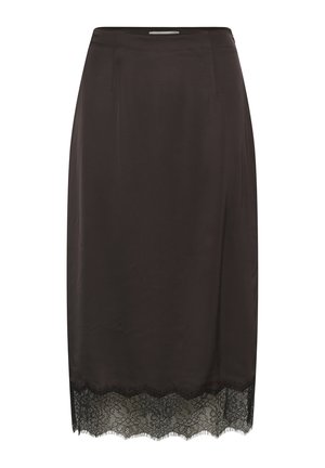 Fekete, térdig érő szoknya egyenes szabással, virágos csipkedíszítéssel a szegélyén.