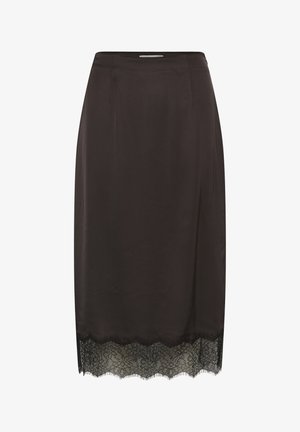 Fekete, térdig érő szoknya egyenes szabással, virágos csipkedíszítéssel a szegélyén.