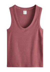 Débardeur côtelé sans manches de couleur rose poudré avec un col en V et une étiquette « NEXT time to dream » à l'intérieur du col.