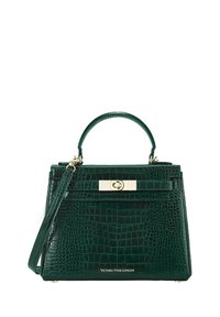 Torebka skórzana w ciemnozielonym kolorze z wzorem w krokodyle, o strukturalnym designie, złotym wykończeniu, górnym uchwycie i odpinanym pasku na ramię.