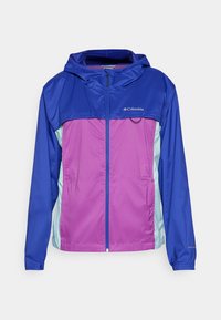 Multicolored Columbia jacket featuring a blue upper with a pink and light blue lower section, made of lightweight, water-resistant material.
