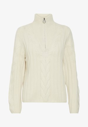 Maglione spesso in crema con colletto alto, dettagli con zip e motivo a trecce, arricchito da una texture a coste su maniche e corpo.