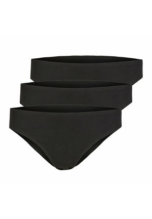 Drei nahtlose schwarze Damen-Slips übereinander gestapelt, die vollständige Abdeckung und glatte Stoffstruktur auf weißem Hintergrund zeigen.