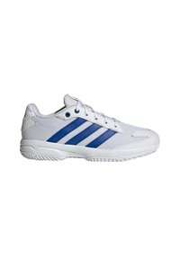 Chaussures de sport blanches avec des accents de bande bleue, tige en mesh, semelle extérieure texturée et design à lacets. Embout renforcé pour plus de durabilité.