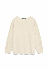 Cream sweater with a textured knit pattern, round neck, long sleeves, and a relaxed fit. Soft material, minimalistic design, no embellishments.
