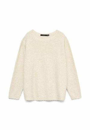 Un pull crème avec un motif de tricot texturé, col rond, manches longues et coupe décontractée. Matériau doux, design minimaliste, sans ornements.