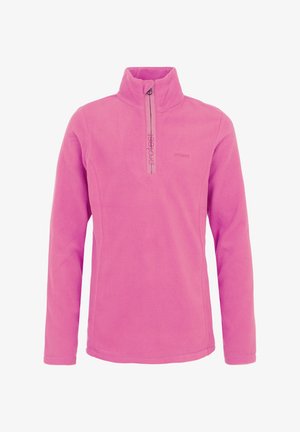 Šviesiai rožinė fliso palaidinė su trumpu užtrauktuku ant apykaklės. Savybės: ilgos rankovės ir subtilus logotipas ant krūtinės. Minkšta tekstūra.