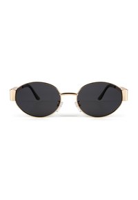 Ochelari de soare din metal aurit, cu lentile ovale negre, dotate cu un dublu punte și tampoane nazale transparente, având brațe negre elegant.