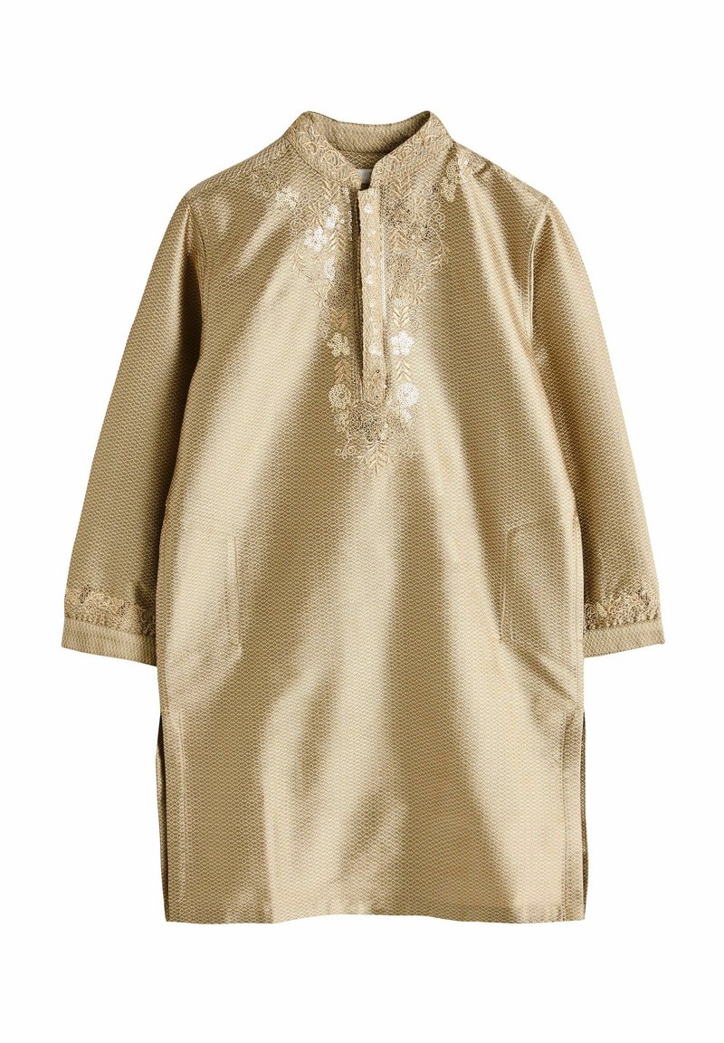 Lysebeige tunika med krave, med blomsterbroderi foran og på ærmekanterne, lavet af tekstureret stof, med sidelommer.