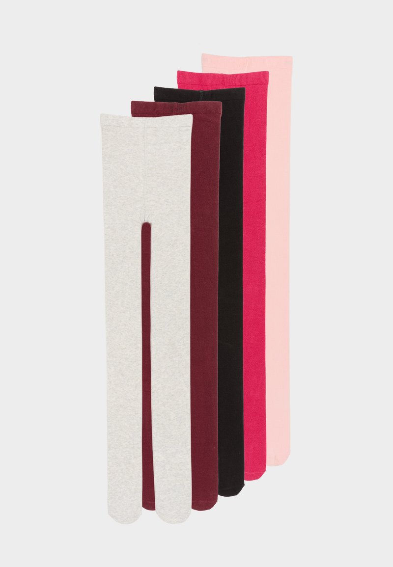 Set aus sechs Paar Leggings in den Farben: hellgrau, burgunderrot, schwarz, dunkelrot, rosa und leuchtend pink. Glatte Textur, körperbetontes Design, bis zur vollen Länge.