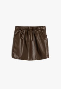 Brun fusk läder mini kjol med elastisk midja och sidofickor. Slät textur och rynkat mönster för en avslappnad passform.