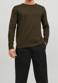 Maglione a maglia verde oliva con maniche lunghe, scollo rotondo e orlo a coste. Indossato su pantaloni neri, con una consistenza morbida e un design aderente.