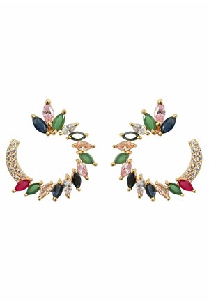 Ohrkletterer in Goldoptik mit grünen, rosa, blauen, schwarzen, roten und klaren Steinen in Marquise-Form, angeordnet in einem geschwungenen Design.