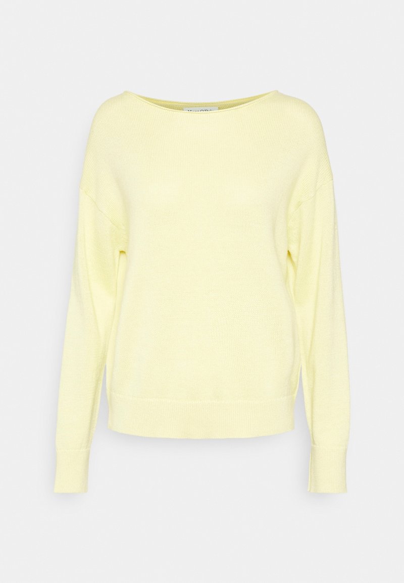 Keltainen neulepaita, jossa on leveä veneen pääntie, pitkät hihat ja rento istuvuus. Sisältää ribattu hihansuut ja helman. Pehmeä rakenne.