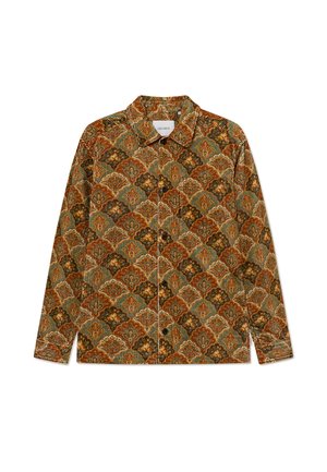 Corduroy shirt with a diamond pattern in earthy tones of brown, green, and beige. Features a collar and front buttons.