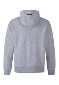 Grauer Hoodie mit einer Kordelzugkapuze, gerippten Bündchen und Saum, weichem Stoffgefühl und einem kleinen Markenetikett am hinteren Halsbereich.