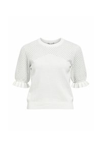 Pull blanc avec des manches en maille texturée à motif en losanges, des poignets à volants et un col rond classique. Tissu tricoté doux, coupe décontractée.