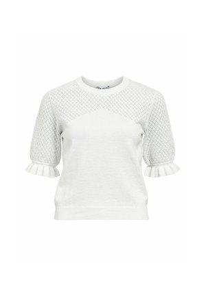 Pull blanc avec des manches en maille texturée à motif en losanges, des poignets à volants et un col rond classique. Tissu tricoté doux, coupe décontractée.