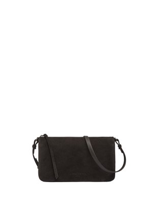 Schwarze rechteckige Crossbody-Tasche aus Veloursleder mit verstellbarem Lederband und Reißverschluss.